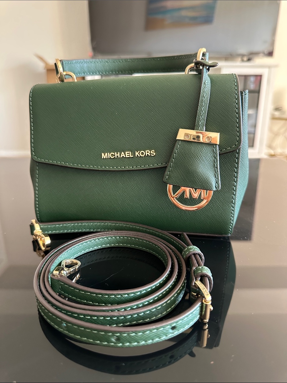 Michael Kors Green Saffiano Leather Crossbody Bag with Gold Hardware
